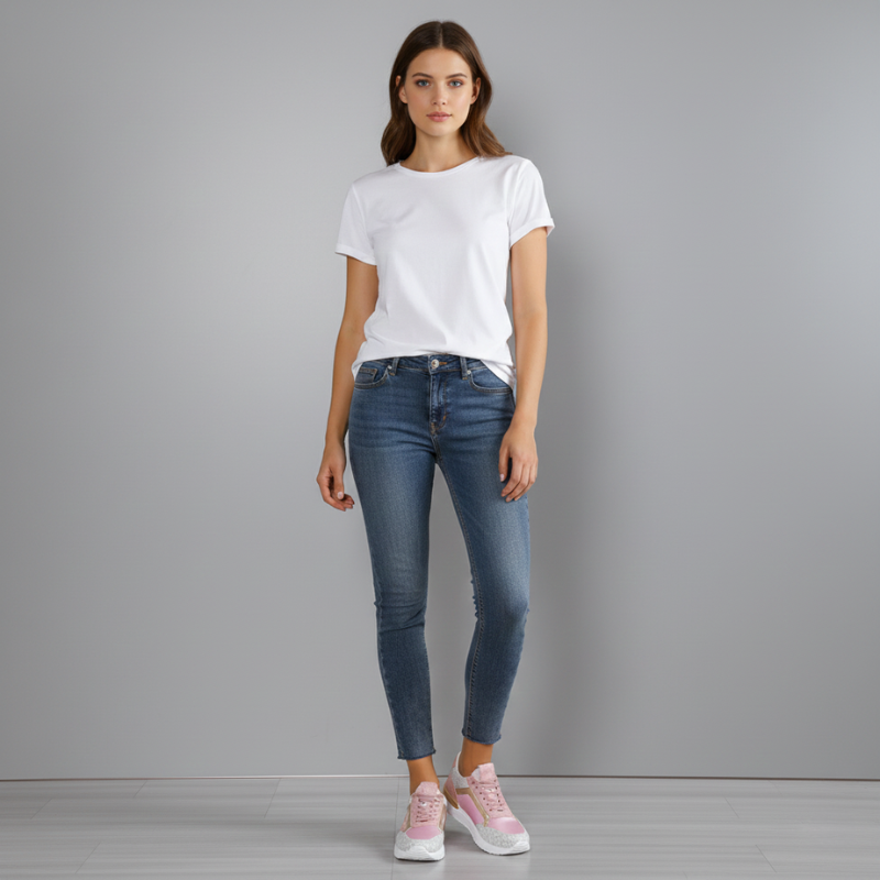 Woman wearing a white t-shirt and blue jeans against a gray background