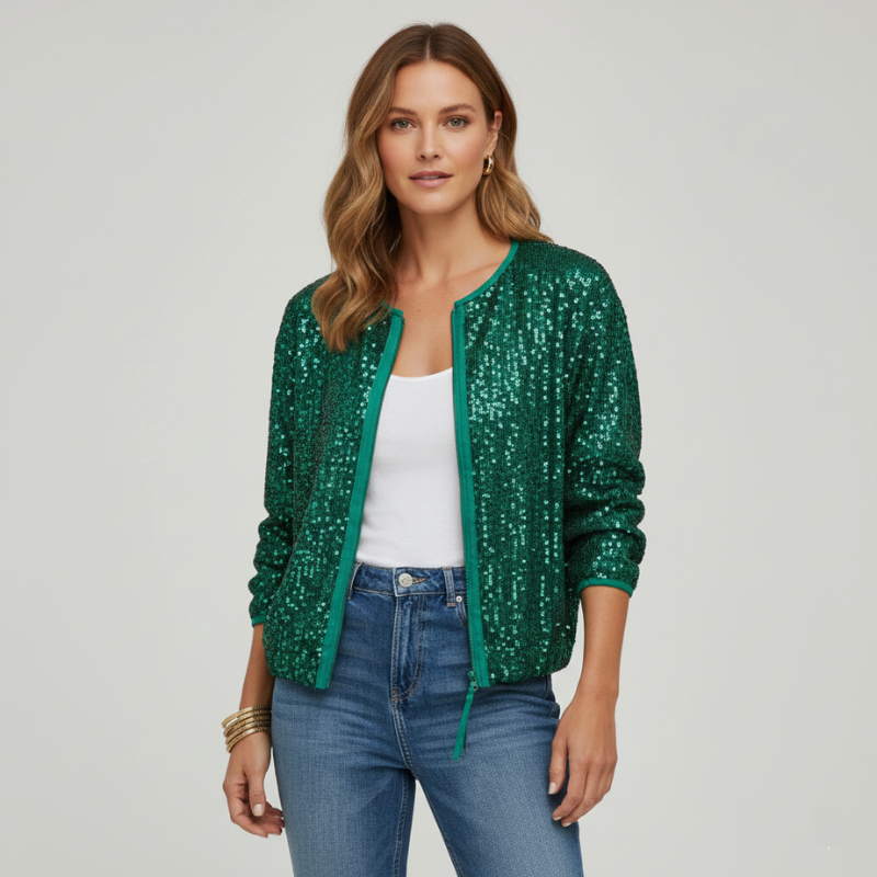 Woman wearing a green sequin jacket on a gray background