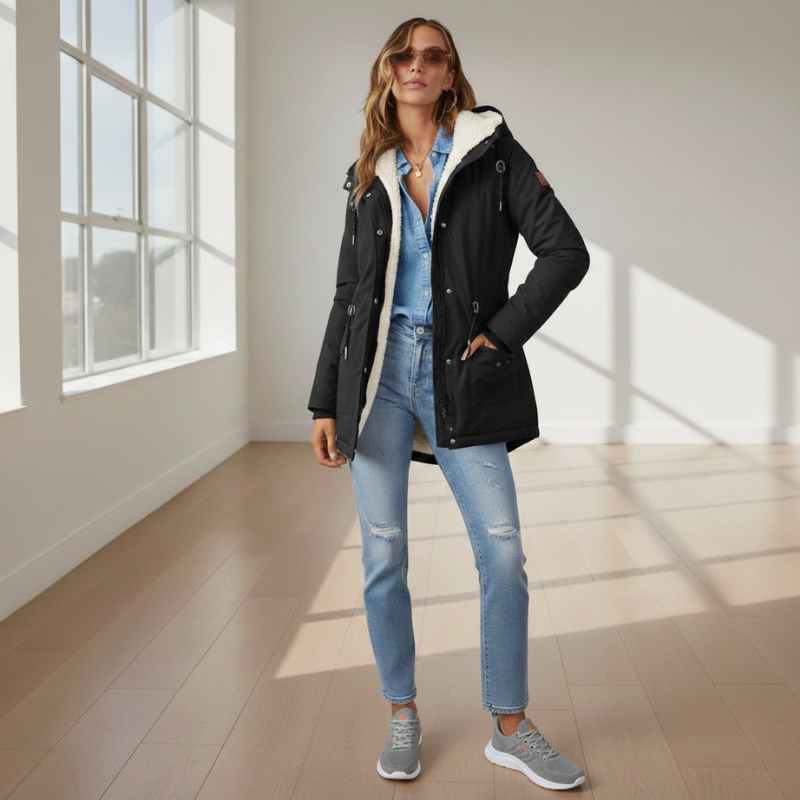 Woman wearing a black coat with white fur lining in a bright room.