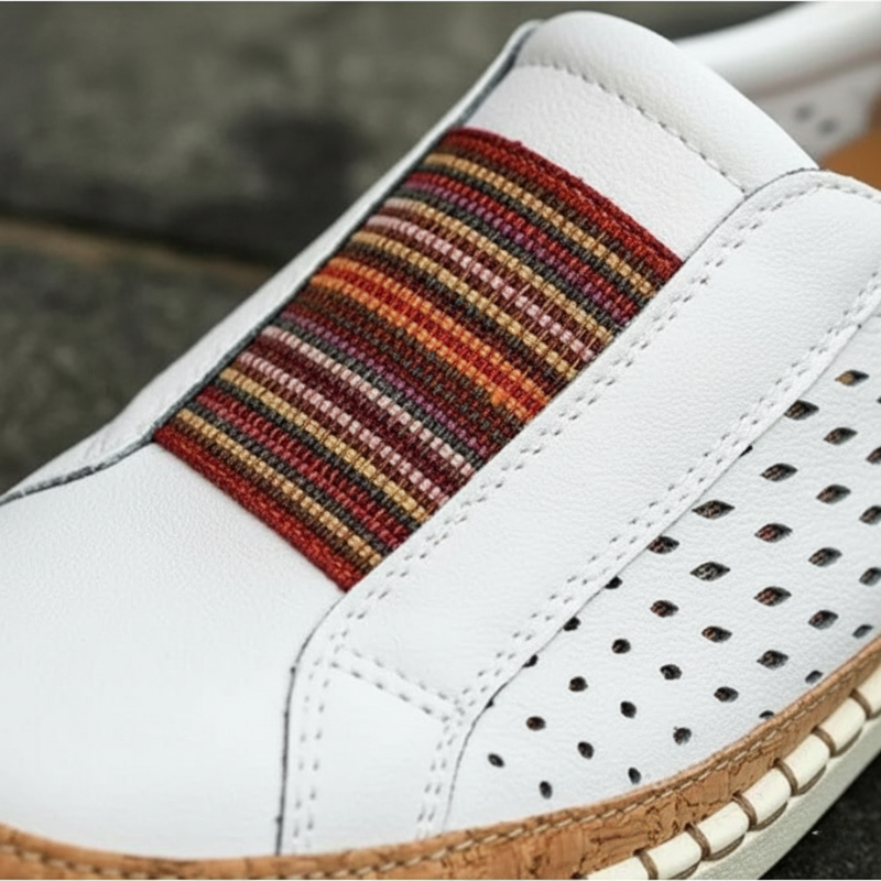 Close-up of a white shoe with a colorful striped patch on a blurred background