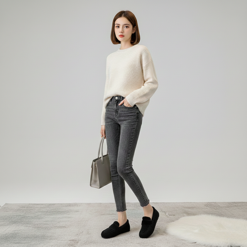 Woman wearing black fleece slippers styled with a white knit sweater and gray slim-fit pants in a studio setting.