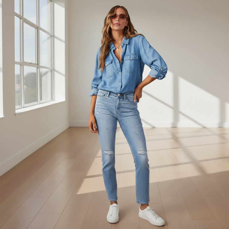 Woman wearing a denim outfit in a bright room with large windows.