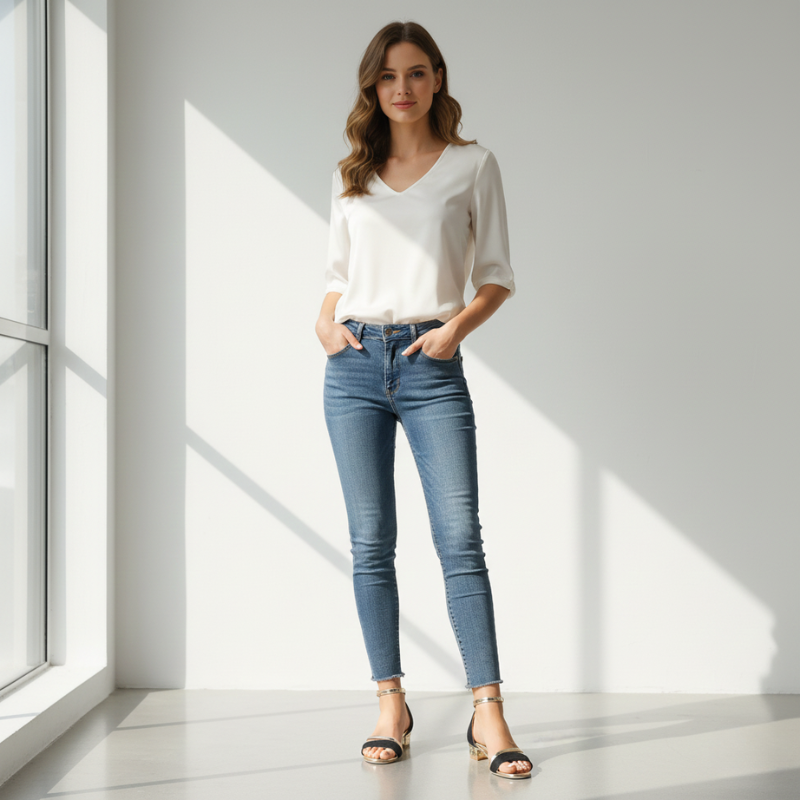Woman wearing a white shirt and blue jeans standing in a well-lit room with large windows.