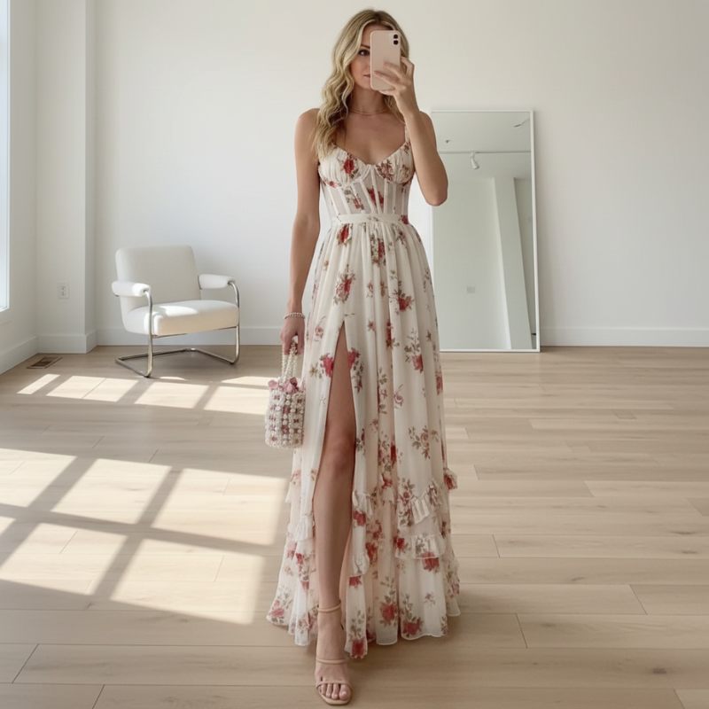 Woman taking a mirror selfie wearing a floral dress in a bright room.