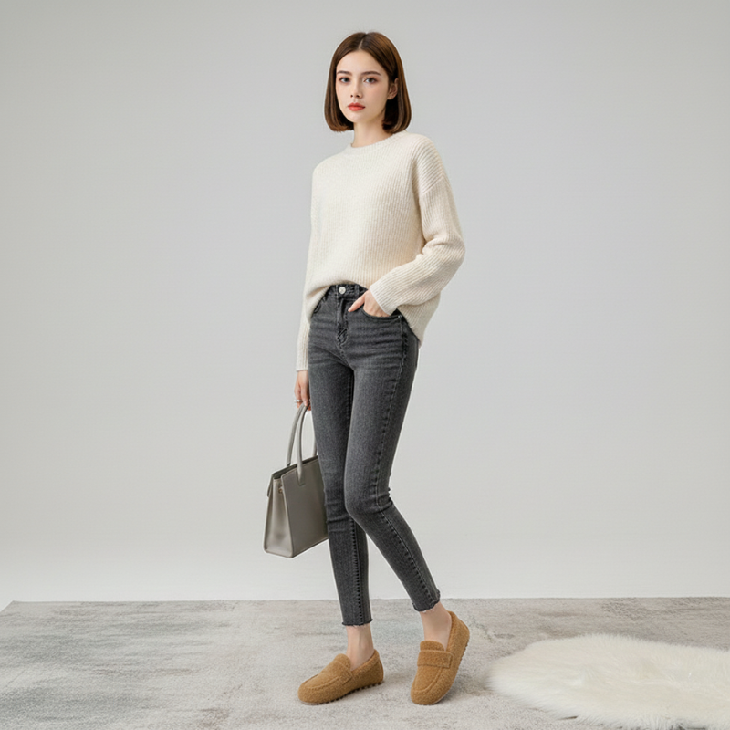 Woman wearing black fleece slippers styled with a white knit sweater and gray slim-fit pants in a studio setting.