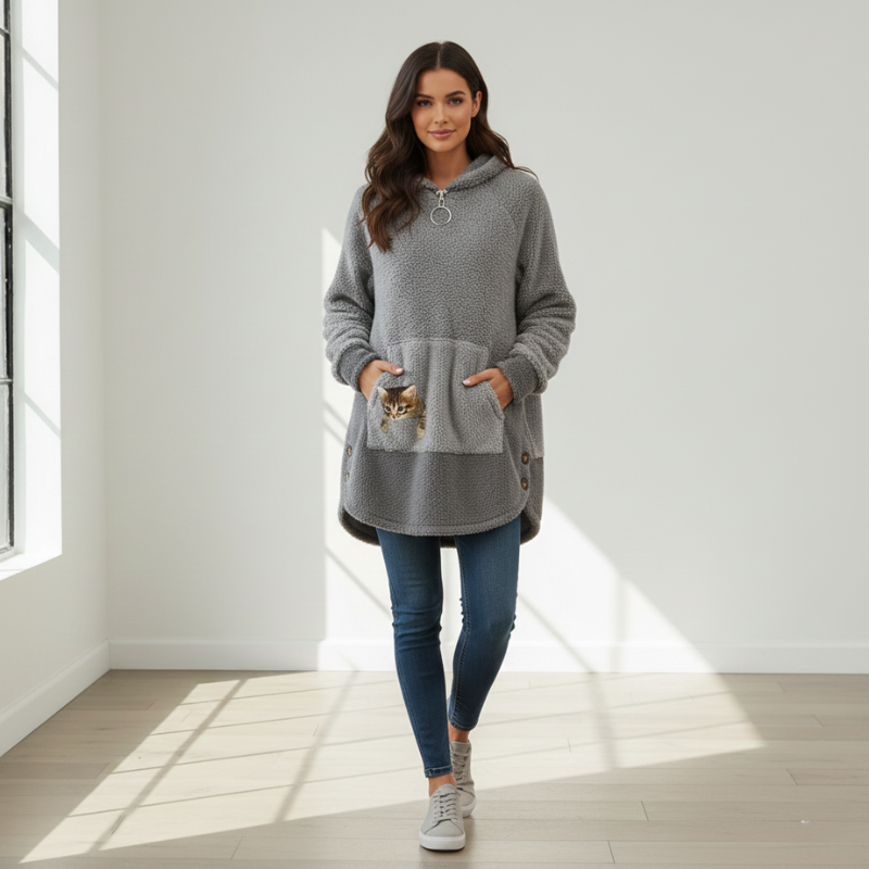 Gray hoodie with a pocket featuring a small cat plush toy  on a beige background