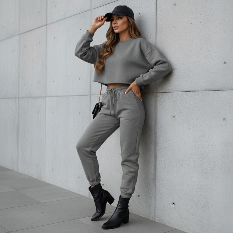 Woman in gray sweatshirt and jogger pants leaning against a light gray wall.