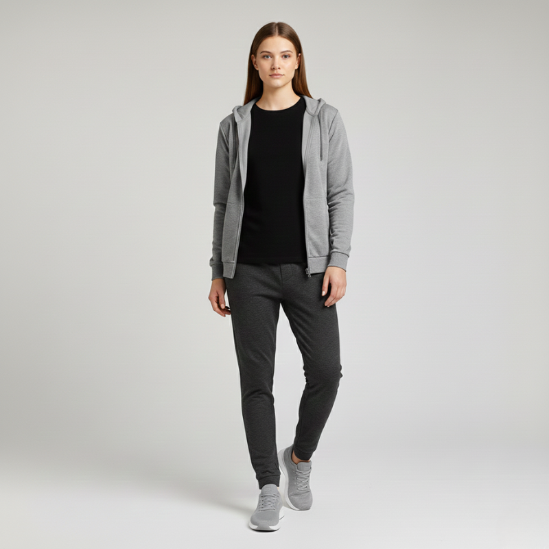 Person wearing a gray hoodie, black shirt, and dark pants on a light gray background