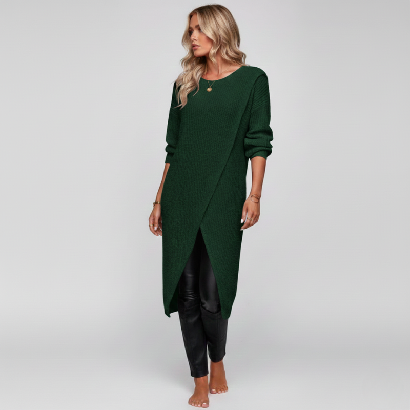 Woman wearing a green dress with a plain background