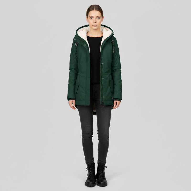 Person wearing a green parka with a white hood on a gray background