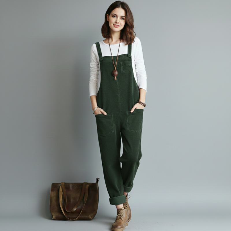 Model posing in green overalls with a clean studio background.