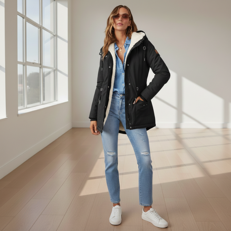 Woman wearing a black coat with white fur lining, blue jeans, and white sneakers in a bright room.