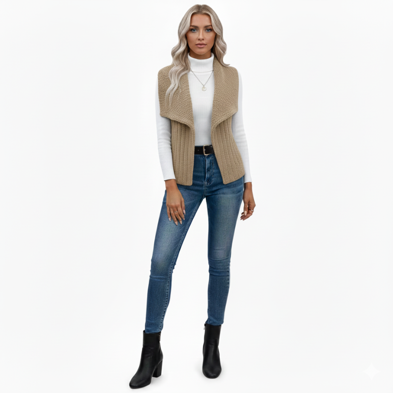 Woman wearing a beige vest, white turtleneck, blue jeans, and black boots on a white background