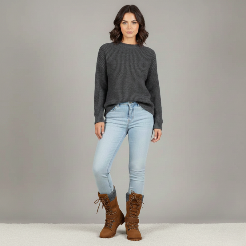 Woman wearing a dark gray sweater, light blue jeans, and brown boots on a plain background
