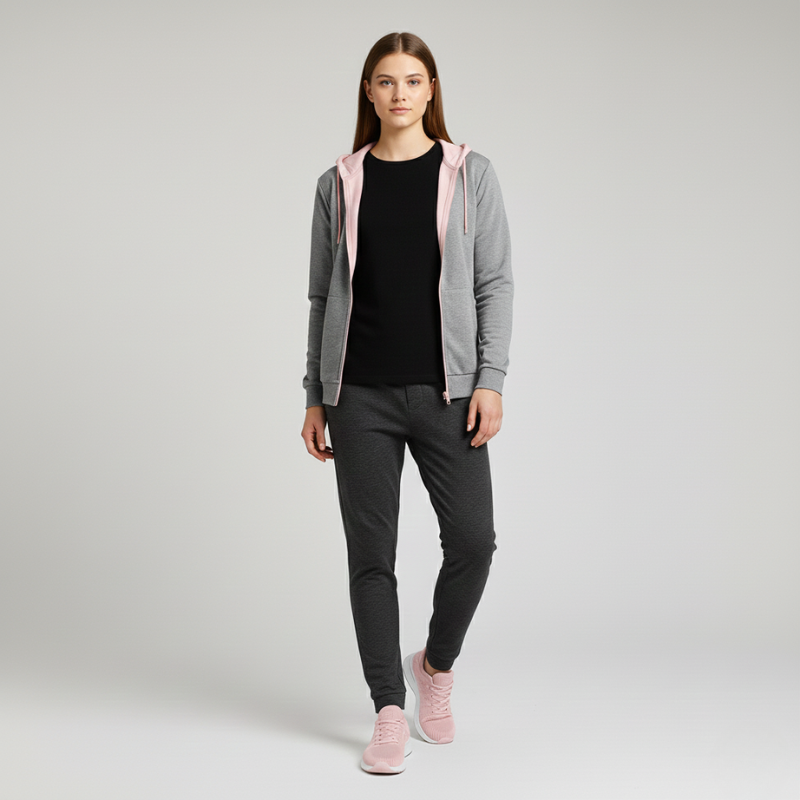 Woman wearing a gray hoodie, black shirt, and dark pants on a light gray background