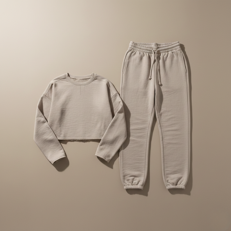 Light gray sweatshirt and jogger pants on a beige background