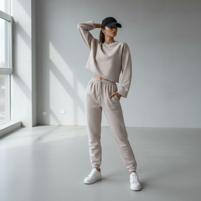 Woman wearing a beige tracksuit and white sneakers in a minimalistic room.