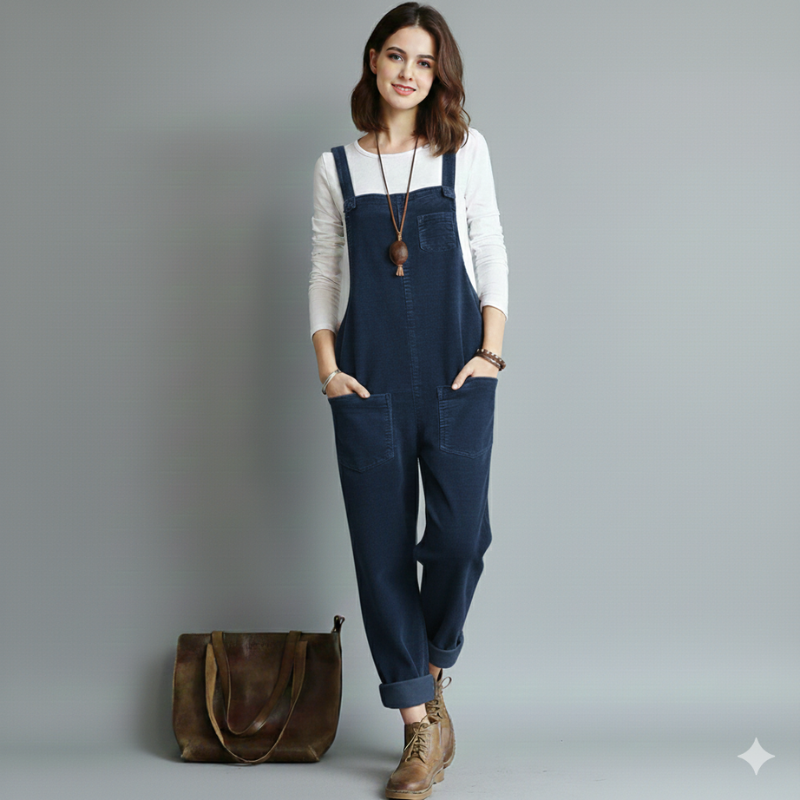 Woman wearing navy blue overalls standing in a simple studio setting.