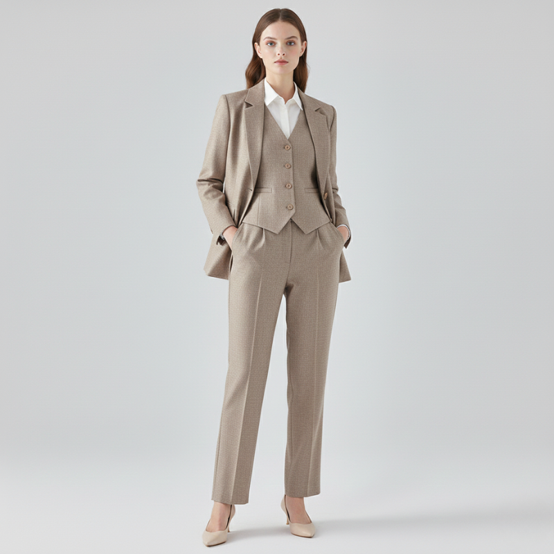 Woman wearing a beige suit on a light gray background