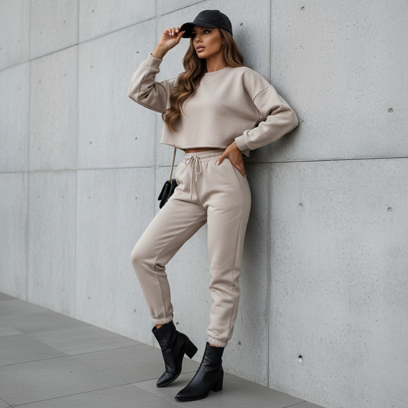 Woman in beige sweater and pants leaning against a gray wall.