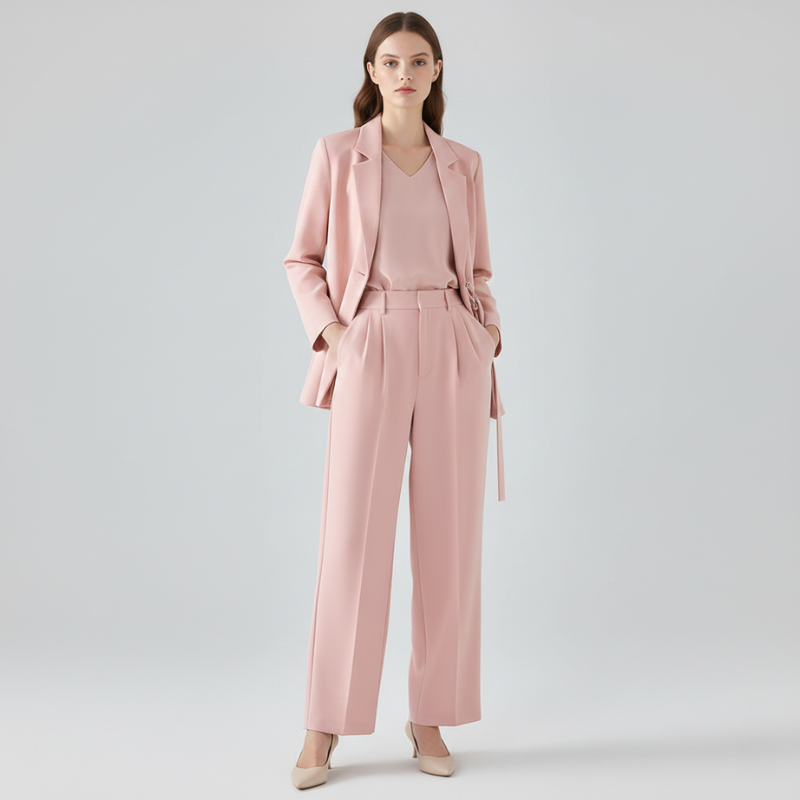 Woman wearing a pink suit on a gray background