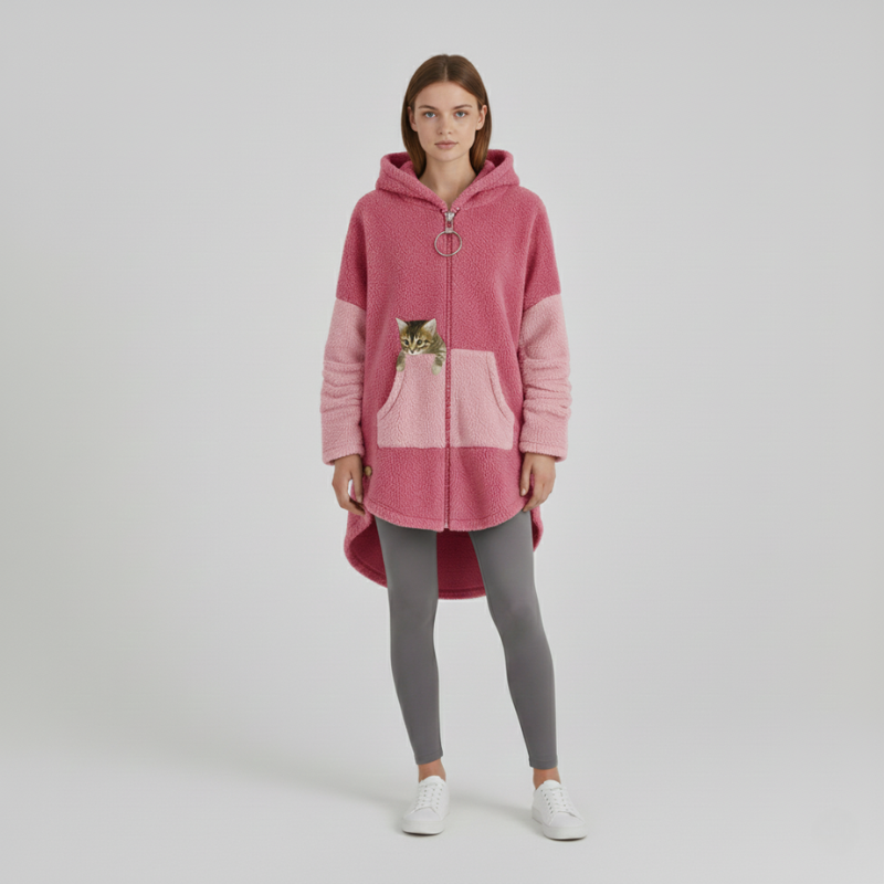 Person wearing a pink and red hoodie with a cat design on a plain background