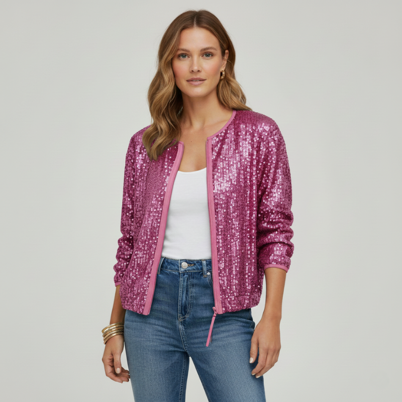 Woman wearing a pink sequin jacket on a plain background
