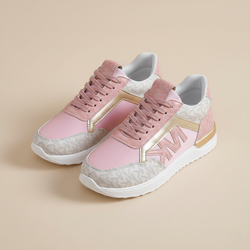 Pink and white sneakers with gold accents on a beige background