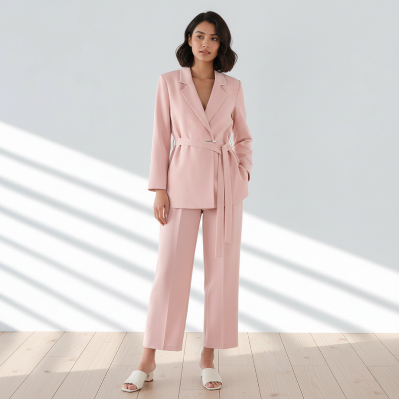 Woman wearing a pink suit standing in a well-lit room with a white background