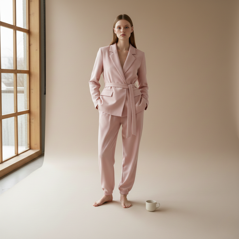 Woman in a pink pajama set standing in a minimalistic room with a window.
