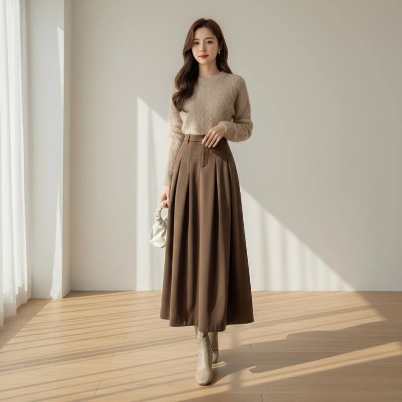 Woman wearing a beige sweater and brown skirt standing in a well-lit room with wooden floor and white walls.