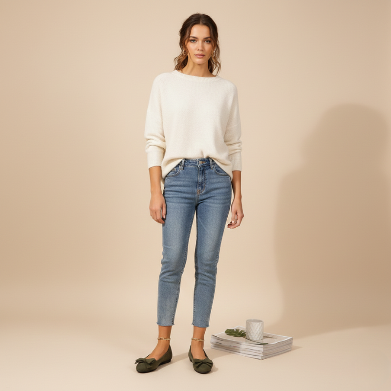 Woman wearing a white sweater and blue jeans standing against a beige background