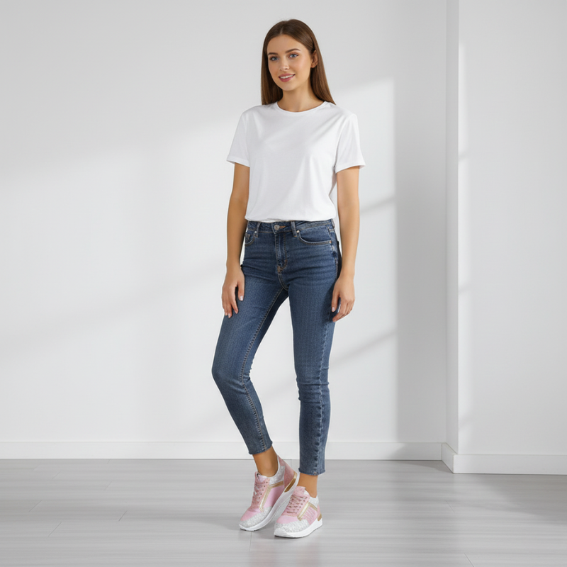 Woman wearing a white t-shirt and blue jeans standing against a plain white wall.