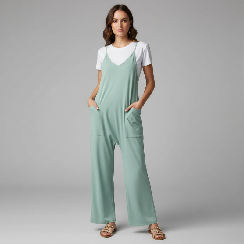 Woman wearing a light green jumpsuit over a white shirt on a gray background