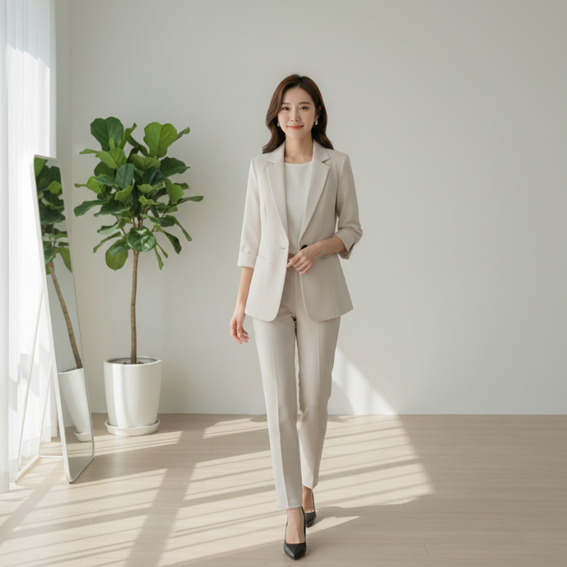 Woman in a beige suit standing in a bright room with plants