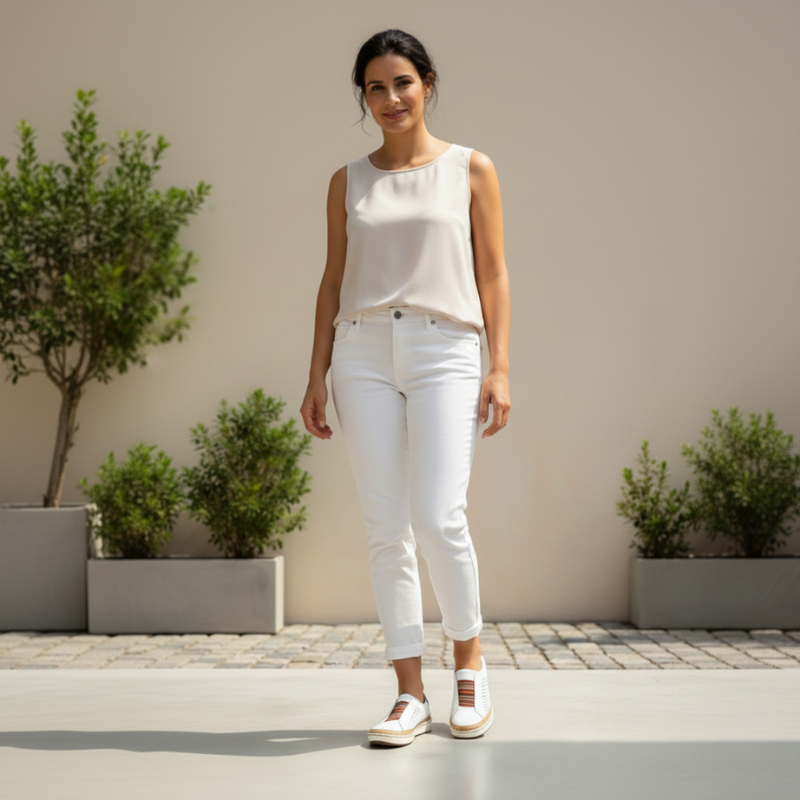 Woman wearing a white sleeveless top and pants standing outdoors with plants in the background
