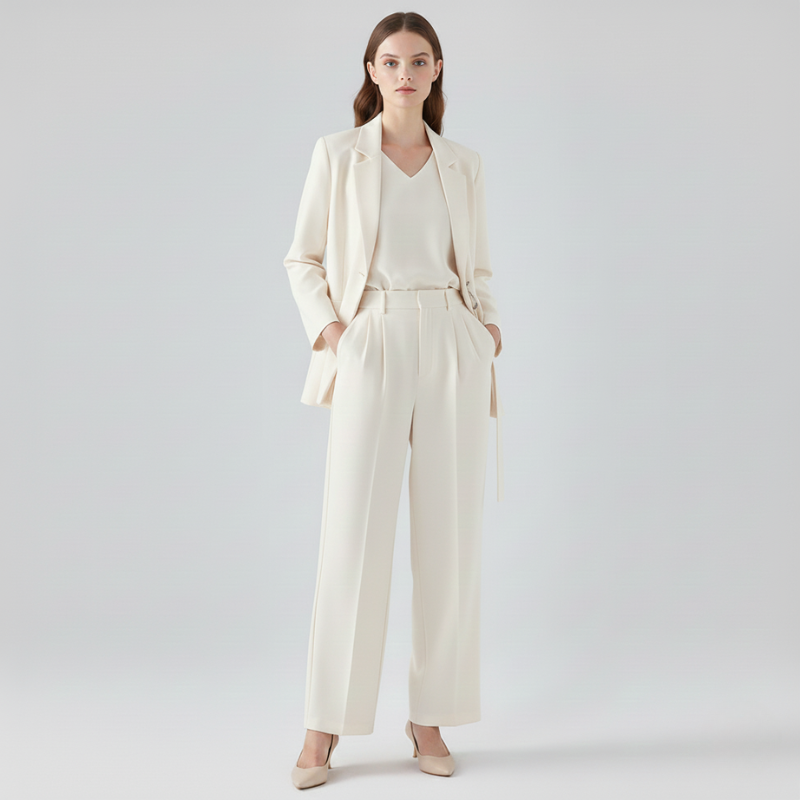 Woman wearing a beige suit on a plain background