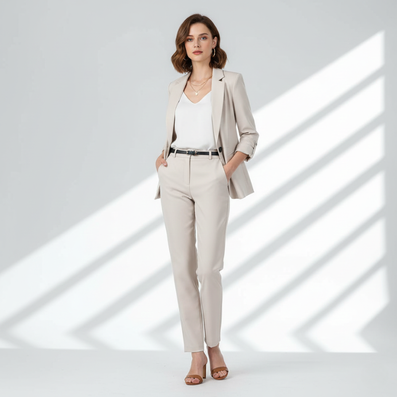 Woman wearing a beige suit with a white shirt on a light gray background