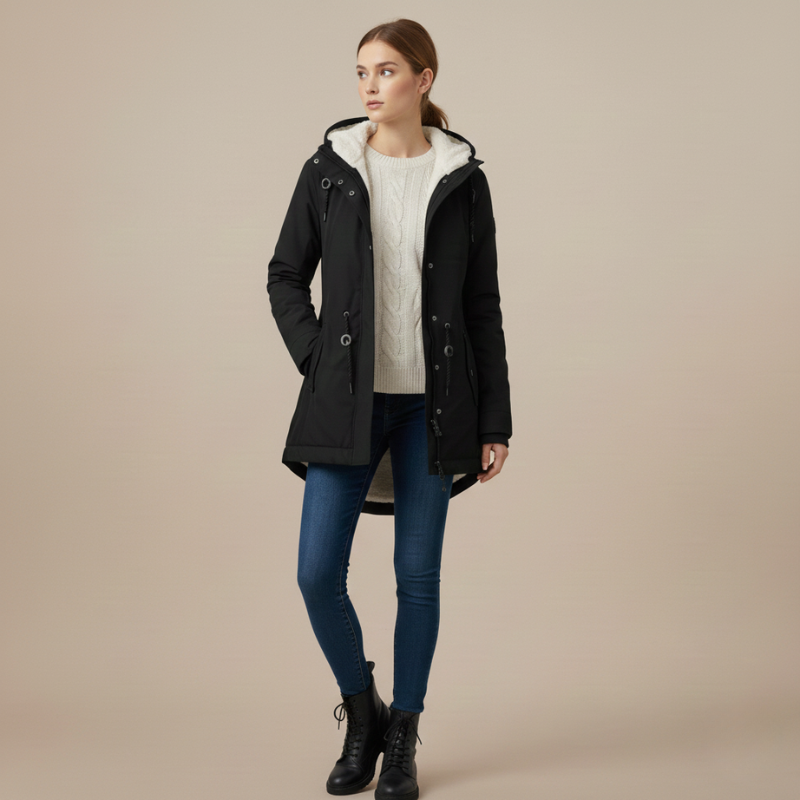 Woman wearing a black coat with a hood on a beige background