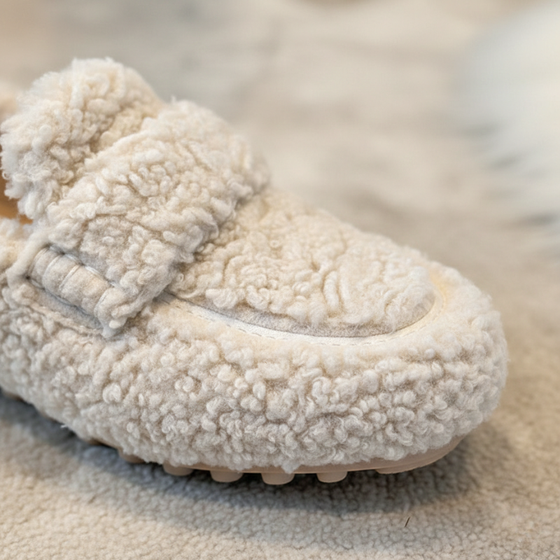 Overhead view of a woman wearing fleece slippers, gray slim-fit pants, and a cream sweater in soft natural light.