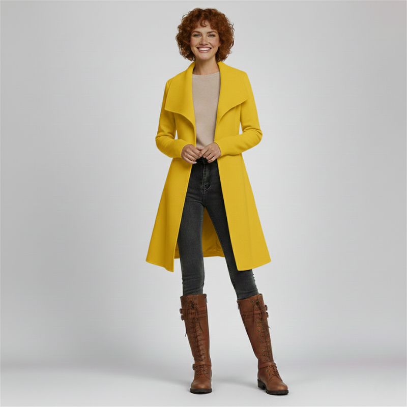 Woman wearing a bright yellow wool-blend overcoat styled with a black skirt and boots in studio lighting.