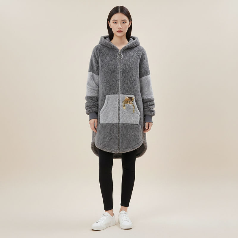 Person wearing a long gray hoodie with a front pocket on a beige background