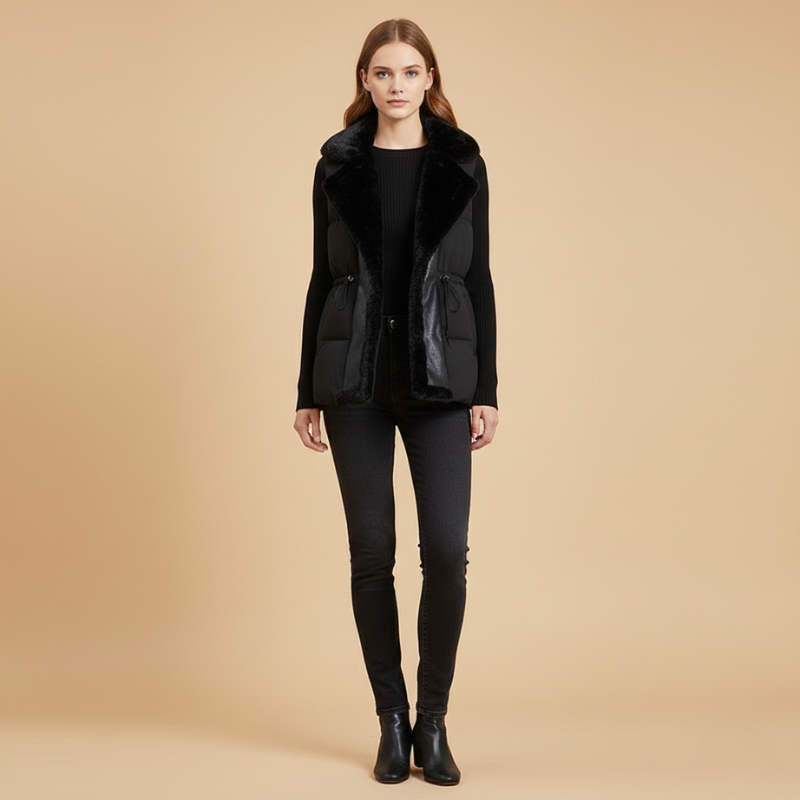 Woman wearing a black coat on a beige background