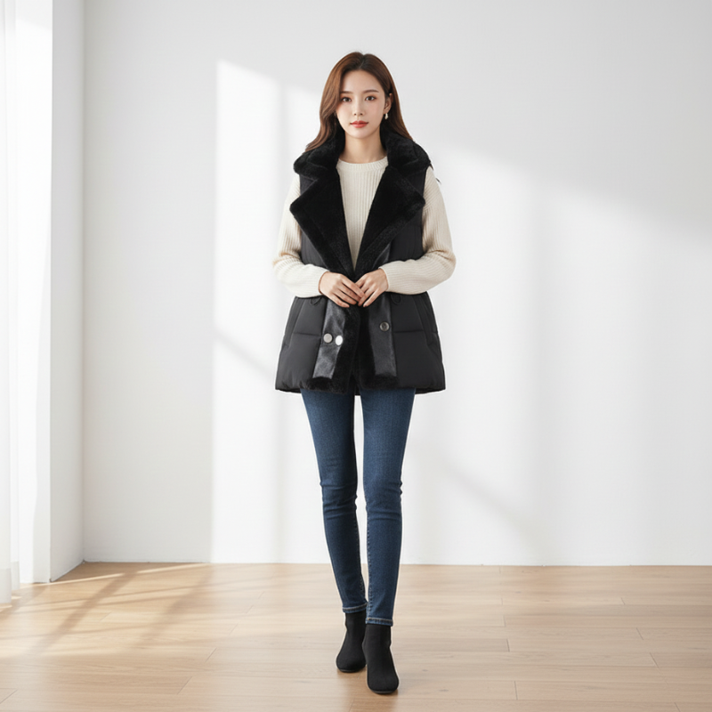 Woman wearing a black vest over a white sweater with blue jeans in a minimalistic room.