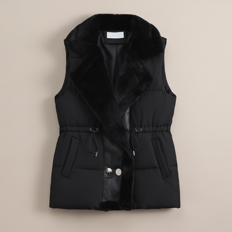 Black vest with fur lining on a beige background