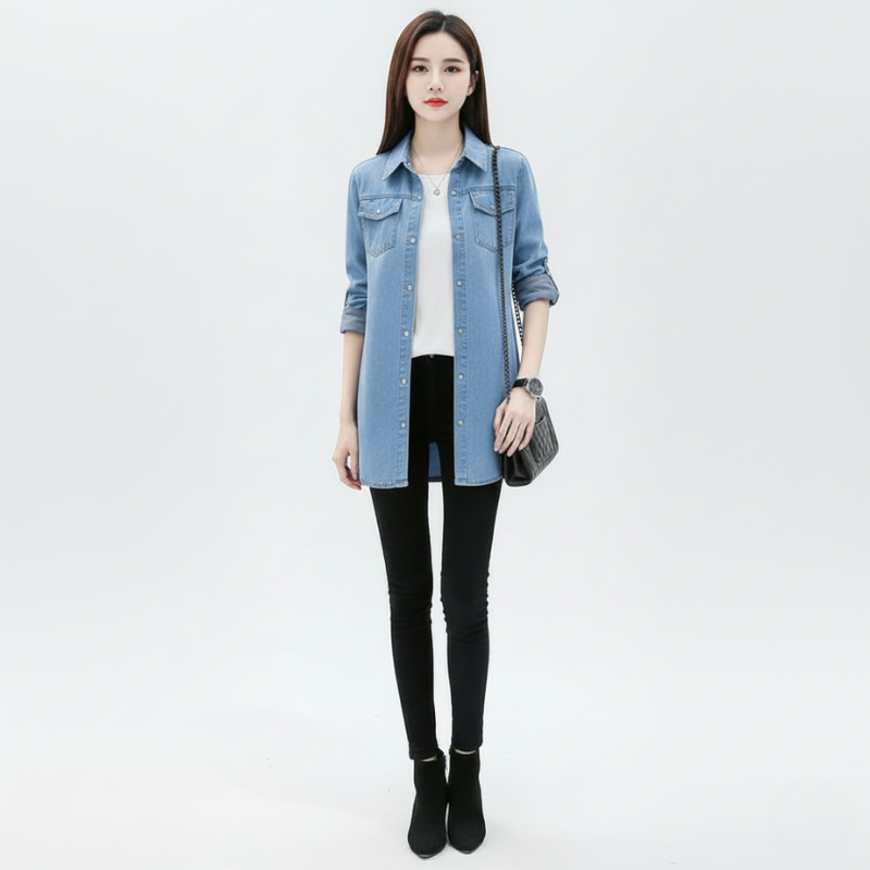 Woman wearing a light blue denim shirt over a white top, black pants, and black boots on a white background.