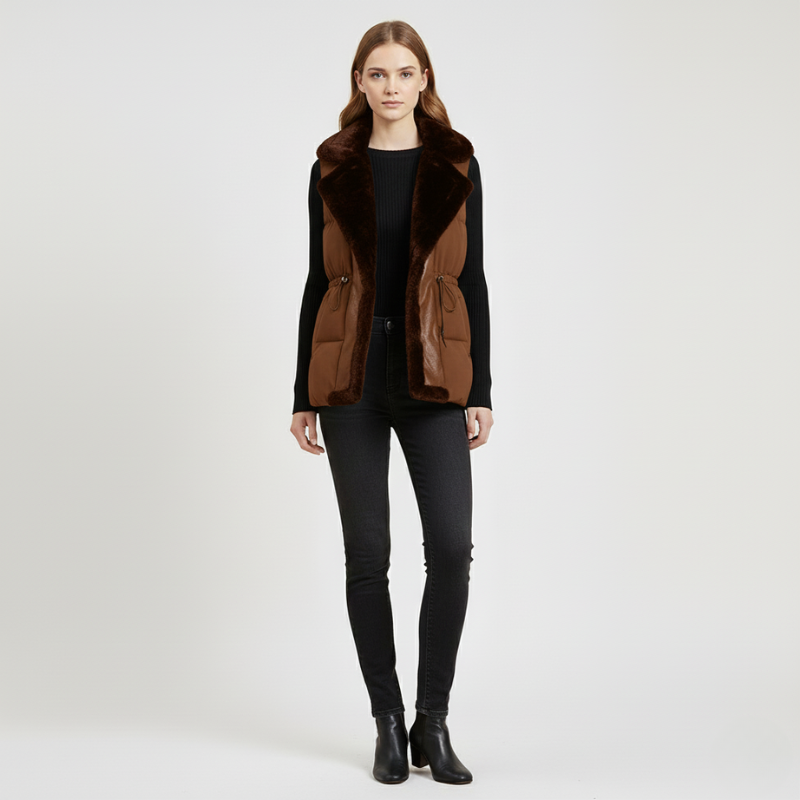 Woman wearing a brown and black vest on a white background