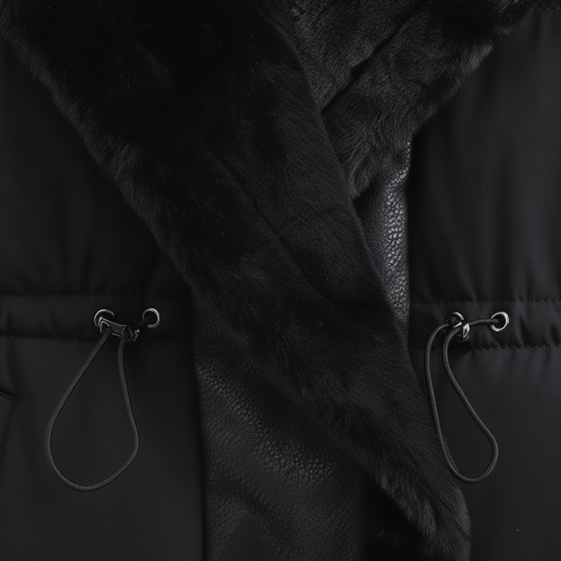 Close-up of a black leather jacket with visible stitching and buttons.