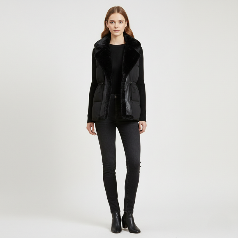 Person wearing a black coat, black top, and black pants on a white background