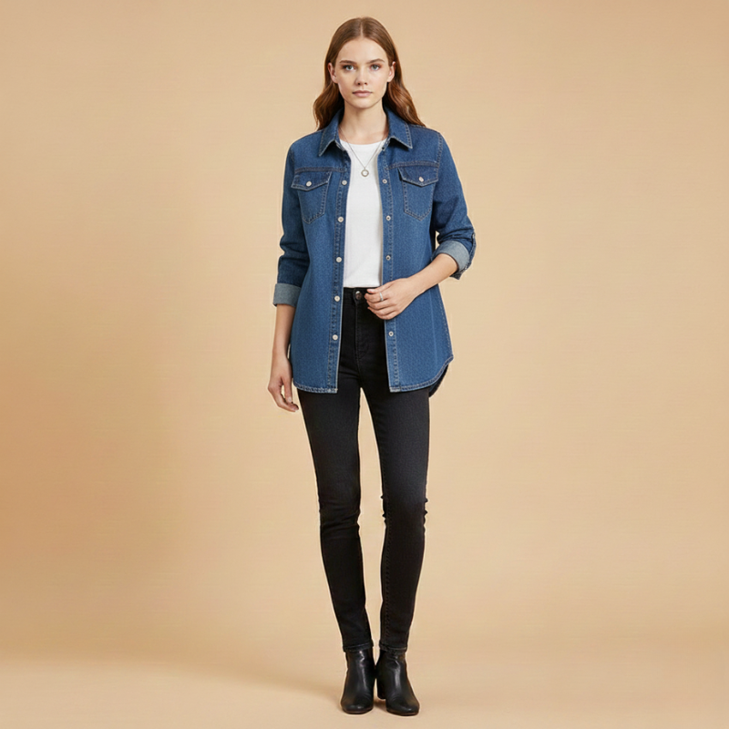 Woman wearing a blue denim jacket over a white shirt, black pants, and black boots on a beige background